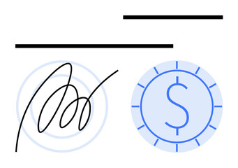 Digital signature with lines and a dollar symbol in a circular icon. Ideal for finance, contracts, payment authorization, security, banking, e-commerce, and trust. Flat simple metaphor