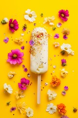 Vanilla ice cream on a stick with gold glitter souranded with various flowers, flat lay, on a bright yellow background. Summer, aesthetic concept.