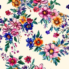 Vibrant watercolor doodles of flowers in a lively pattern celebrating nature and creativity