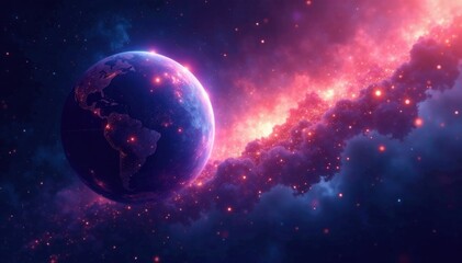 Ethereal planet with glowing auras and swirling stardust, planets, stardust