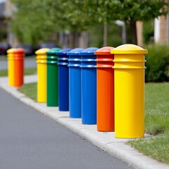 Colorful street waste bins lined along a sidewalk in a residential area.