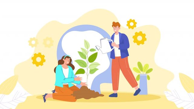 Growing Mind Concept Kids Watring Plant Flat Character Animation Scene looped