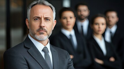 Businessman with grey hair stands confidently in front of his team amid an office backdrop, showcasing leadership and teamwork