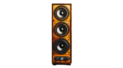 Acoustic Tower: An elegant wood-finished speaker tower commands attention, showcasing a blend of refined craftsmanship and cutting-edge audio technology.