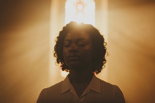 African American woman in church with sunlight through stained glass window. Divine illumination concept. Spiritual awakening, faith journey for Easter, Pentecost, All Saints' Day.