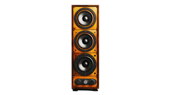Acoustic Tower: An elegant wood-finished speaker tower commands attention, showcasing a blend of refined craftsmanship and cutting-edge audio technology.