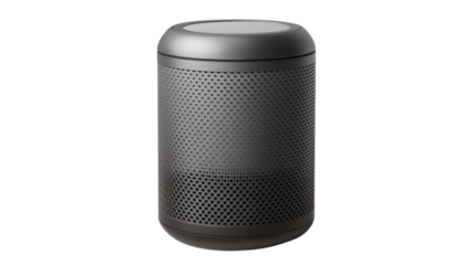 Modern Smart Speaker: An elegantly designed, cylindrical smart speaker in a sophisticated dark gray, with a unique perforated pattern, standing tall against the backdrop of light.