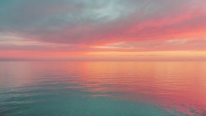 Obraz premium A wide view of a warm, beautiful sunset over a tranquil sea and cloudy sky.