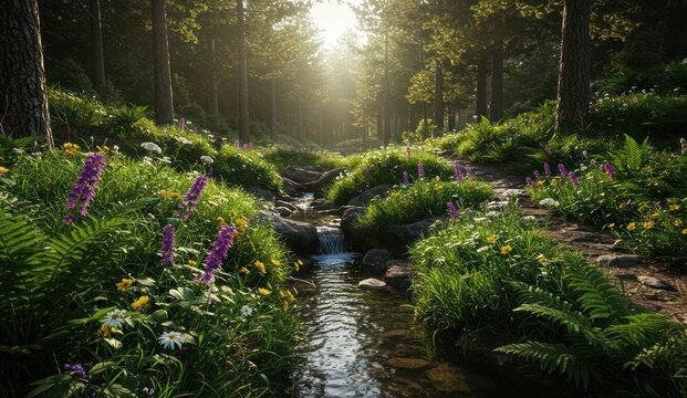 Idyllic forest stream with vibrant wildflowers and lush greenery.