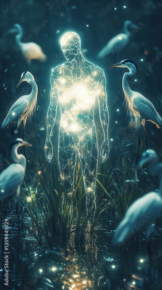 Aufkleber glowing figure surrounded by white herons in a mystical and serene wetland setting at dusk