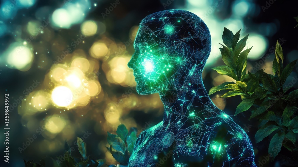 Fototapete man glowing with energy amidst a lush green environment, representing the connection between nature 