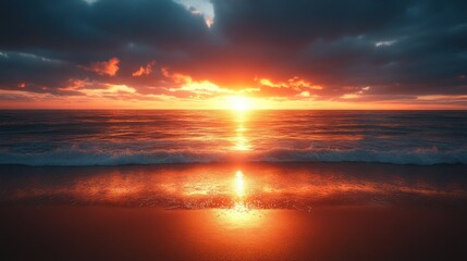 Naklejka premium Fiery sunset over ocean shore