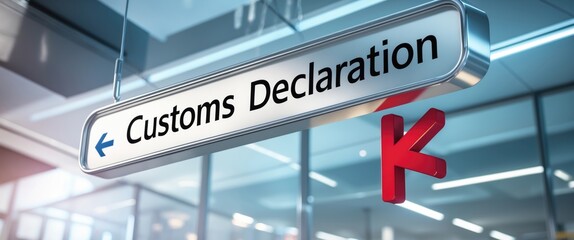 Sign indicating airport customs declaration with an icon and arrow suspended from the ceiling in the terminal, related to the import and export concept.