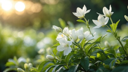 white flowers and green leaves in sunlight