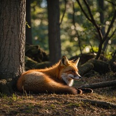 Fototapeta premium Red Fox Resting Under a Shady Tree.