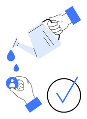 Hand pours water from watering can nurturing profile icon while another hand holds it, symbolizing growth, nurturing talent, recruitment, validation, personal development. Ideal for HR, startup