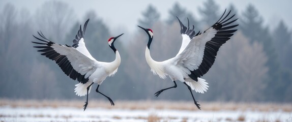 Animal love mating behavior, bird dance. Pair of large white birds dancing with open wings in a snowy natural setting. Courtship display in the snow. © AkuAku