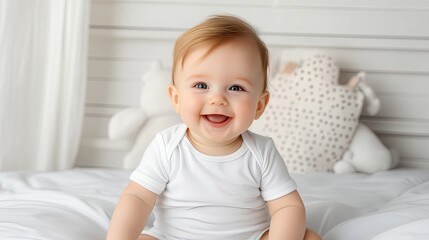 Fototapeta premium A joyful baby in a white outfit plays on a cozy bed, surrounded by soft light and bright, warm colors, radiating happiness