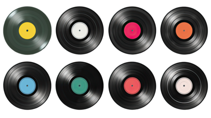 Vinyl Symphony: Eight meticulously arranged vinyl records, each radiating a unique aesthetic, reflecting the timeless charm of music. Captures a visual journey through sound and history. 