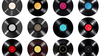 Vinyl Records: A close-up studio shot showcases an array of classic vinyl records, each boasting its unique label color, meticulously arranged to emphasize music's rich sonic heritage.