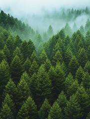 A misty morning in a dense forest of vibrant green pine trees. The fog drifts between the tall trunks, giving the scene an ethereal, dreamlike quality, with the tops of the trees disappearing into th