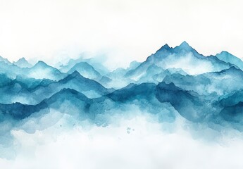 Blue Watercolor Mountain Range Landscape Painting on White Background with Soft Mist Artistic Expression Serene and Calm Nature Scene