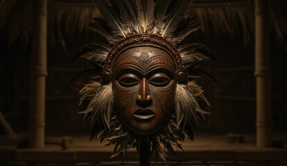 Close-up of a detailed tribal mask with feathers and intricate carvings.