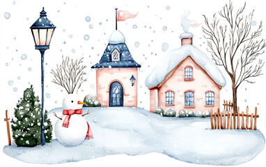 Fototapeta premium cozy winter town scene featuring charming houses, snowman, and gentle snowfall creates warm, inviting atmosphere