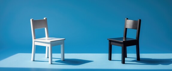 Fototapeta premium Two chairs, black and white concept on a soft-colored background. Contrast, opposites, disagreement.