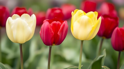 Naklejka premium Vibrant Red Yellow and Cream Tulips Spring Flowers