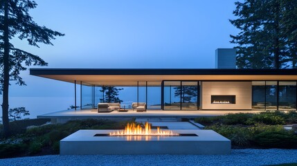 Fototapeta premium Modern minimalist home with a glass facade, open-concept living space, and a minimalist fireplace as the focal point,
