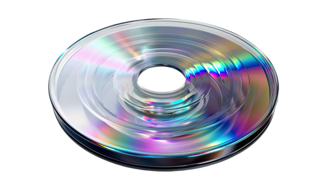 Data Disc: A close-up view of a reflective data disc, the surface glistening with a spectrum of iridescent colors, suggesting data storage and digital information.