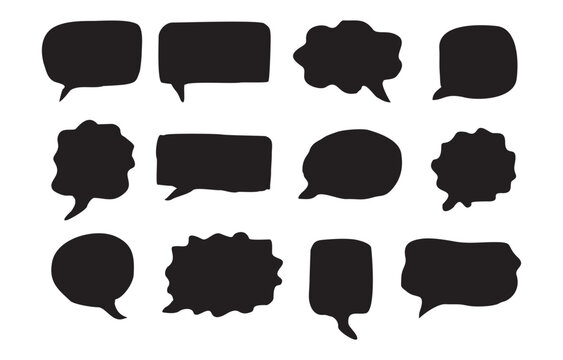 A set of black silhouettes of speech bubbles with a variety of shapes and sizes. Flat vector illustrations isolated on transparent background