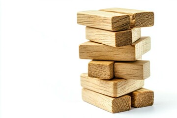 Fototapeta premium Stacked wooden blocks in an abstract arrangement on a white background, conveying simplicity and creativity in design KEY concepts include building, education, play, and creativity