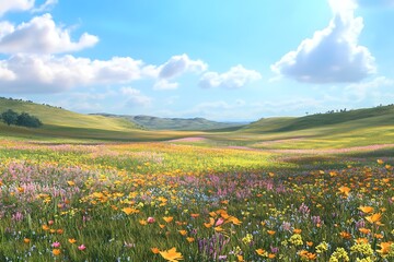 Fototapeta premium plain vista is defined by its curving slopes vivid flora and wide set of life merging in a seamless weave 