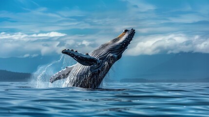 Naklejka premium Majestic Humpback Whale Breaching the Ocean Surface in Stunning Display