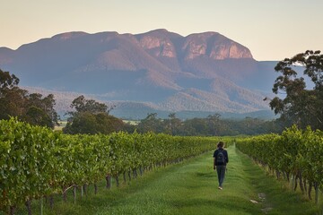 Obraz premium Scenic Vineyard Pathway with Mountains in Background at Sunset