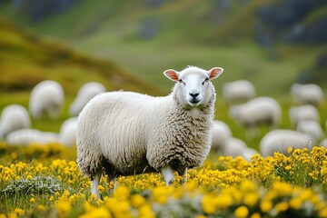 Obraz premium Clear union of flocks and meadows mirrors a calm link between merry sheep fresh fields and their vital task in agriculture and pastoral lore 