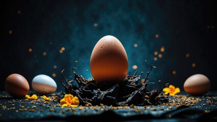 A dark background featuring the silhouette of an egg represents an abstract element or backdrop with a notion of life.