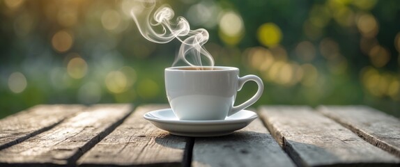 White coffee cup, mug with steaming smoke rising from coffee on an aged wooden table in morning nature outdoors, with a garden backdrop.