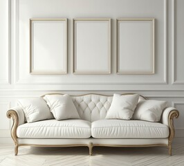 Elegant White Sofa with Golden Frame Against a White Plastered Wall in a Bright Interior Displaying Three Blank Mockup Art Frames