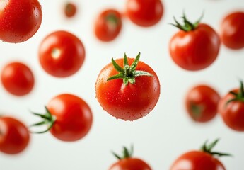Floating Red Cherry Tomatoes with Green Stems and Water Droplets on a White Background in Bright Studio Lighting