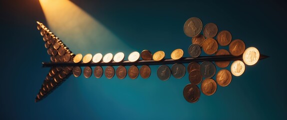 Arrow made of coins. The idea of financial decline.