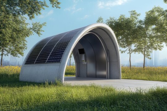 Innovative solar-powered bus shelter in a green urban park on a sunny day