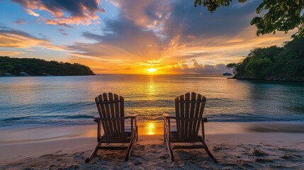 Two wooden chairs face a vibrant sunset over a calm ocean. Perfect for travel, vacation, and relaxation themes.