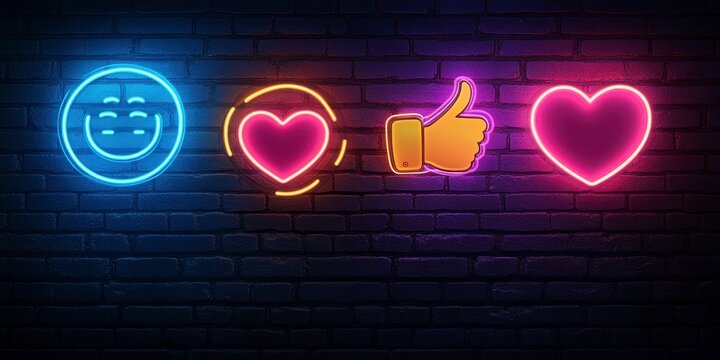 Neon Signs on Dark Brick Wall Featuring Blue Emoji Heart and Thumbs Up Symbols Glowing in Vibrant Colors and Modern Graphic Design