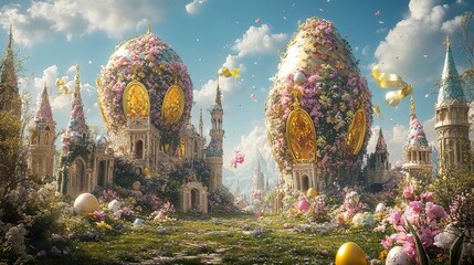 A breathtaking Easter fantasy castle with floral-covered towers, golden egg-shaped windows, and pastel-colored banners flowing in the wind. 