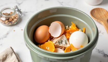 Composting eggshells and citrus rinds in modern kitchen, eco-friendly living