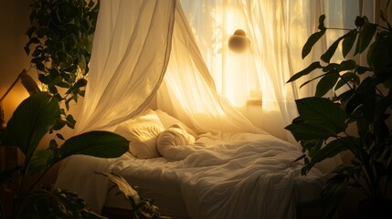 Tranquil bedroom with canopy bed plants serene ambiance peaceful sleeper