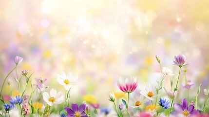 Fototapeta premium Serene Spring Meadow with Multicolored Wildflowers and Pastel-Toned Blurred Background, Floral Border Design Featuring Bokeh Effect for Social Media Graphics, Web Banners or Nature-Inspired Digital P